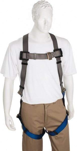 PRO-SAFE - 350 Lb Capacity, Size Universal, Full Body Premium Quick Connect Safety Harness - Polyester, Pass-Thru Leg Strap, Pass-Thru Chest Strap, Gray/Blue - Benchmark Tooling