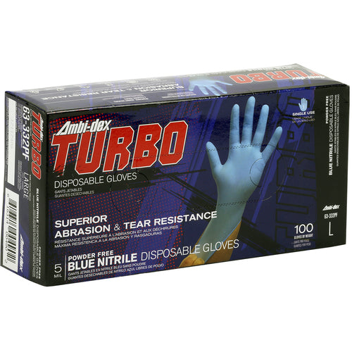 63-332PF/S Disposable Gloves - Ambi-Dex Turbo Disposable Nitrile - 5 mil Blue - Powder Free - Text Grip - Exact Industrial Supply