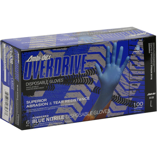 63-336/S Disposable Gloves - Ambi-Dex Overdrive Disposable Nitrile - 6 mil Blue - Powdered - Text - Exact Industrial Supply