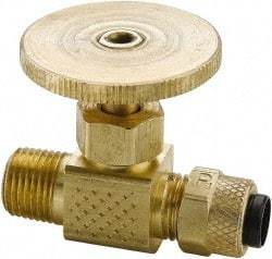 Parker - 1/4" Pipe, Inline Needle Valve - Poly-Tite x MNPTF Ends, Brass Valve, 150 Max psi - Benchmark Tooling