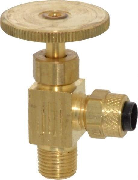 Parker - 1/4 x 1/8" Pipe, Angled Needle Valve - Poly-Tite x MNPTF Ends, Brass Valve, 150 Max psi - Benchmark Tooling