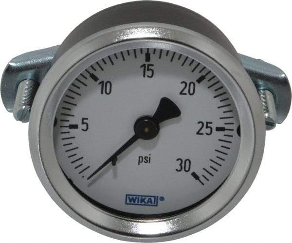 Wika - 2" Dial, 1/4 Thread, 0-30 Scale Range, Pressure Gauge - U-Clamp Panel Mount, Center Back Connection Mount, Accurate to 3-2-3% of Scale - Benchmark Tooling