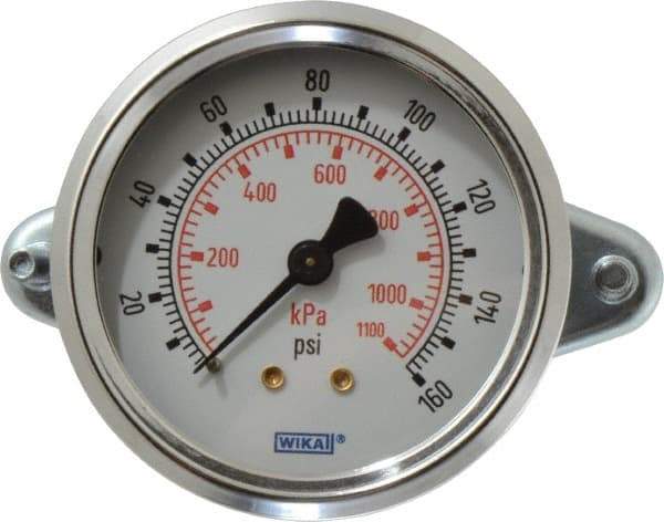 Wika - 2-1/2" Dial, 1/4 Thread, 0-160 Scale Range, Pressure Gauge - U-Clamp Panel Mount, Center Back Connection Mount, Accurate to 3-2-3% of Scale - Benchmark Tooling