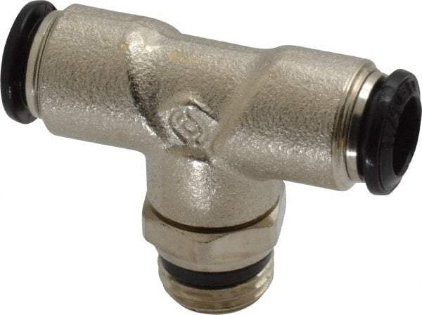 Alpha Technologies - 8mm Outside Diam, 1/4 Universal, Nickel Plated Brass Push-to-Connect Tube Male Swivel Branch Tee - 250 Max psi, Tube to Universal Thread Connection, Buna O-Ring - Benchmark Tooling