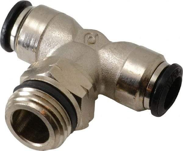 Alpha Technologies - 8mm Outside Diam, 3/8 Universal, Nickel Plated Brass Push-to-Connect Tube Male Swivel Branch Tee - 250 Max psi, Tube to Universal Thread Connection, Buna O-Ring - Benchmark Tooling