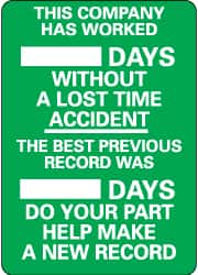 NMC - Scoreboards Scoreboard Type: Write-On Legend: This Company Has Worked ___ Days without A Lost Time Accident - The Best Previous Record Was ___ Days - Do Your Part... - Benchmark Tooling