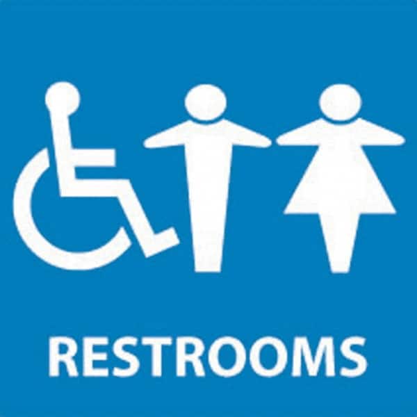 NMC - Restrooms, 7" Wide x 7" High, Vinyl Sign - English, White on Blue, Wall Mount - Benchmark Tooling