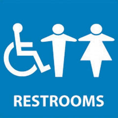 NMC - Restrooms, 7" Wide x 7" High, Vinyl Sign - English, White on Blue, Wall Mount - Benchmark Tooling