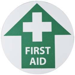 NMC - First Aid, Anti-Skid Pressure-Sensitive Vinyl Floor Sign - Round, Green on White, Adhesive Backed, For First Aid - Benchmark Tooling