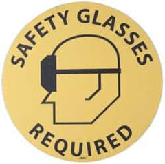 NMC - Safety Glasses Required, Anti-Skid Pressure-Sensitive Vinyl Floor Sign - Round, Black on Yellow, Adhesive Backed, For Accident Prevention - Benchmark Tooling