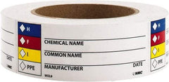 NMC - Hazardous Materials Label - Legend: H - F - I - PPE - Chemical Name ___ Common Name ___ Manufacturer ___ Date ___, English, Black, Blue, Red, Yellow & White, 4" Long x 1-1/2" High, Sign Muscle Finish - Benchmark Tooling