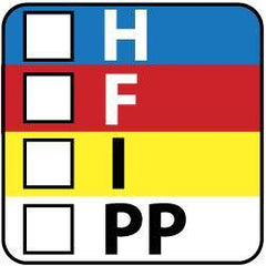 NMC - Hazardous Materials Label - Legend: H - F - I - PP, English, Black, Blue, Red, Yellow & White, 1" Long x 1" High, Sign Muscle Finish - Benchmark Tooling