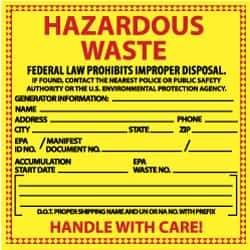 NMC - Hazardous Materials Label - Legend: Hazardous Waste - Federal Law Prohibits Improper Disposal, English, Red & Black & Yellow, 6" Long x 6" High, Sign Muscle Finish - Benchmark Tooling