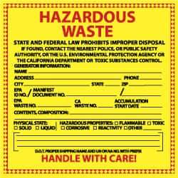 NMC - Hazardous Materials Label - Legend: Hazardous Waste - State and Federal Law Prohibits Improper Disposal, English, Red & Black & Yellow, 6" Long x 6" High, Sign Muscle Finish - Benchmark Tooling