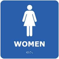 NMC - Women, 8" Wide x 8" High, Plastic Sign - English, Braille, White on Blue, Wall Mount - Benchmark Tooling