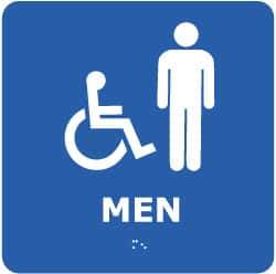 NMC - Men, 8" Wide x 8" High, Plastic Sign - English, Braille, White on Blue, Wall Mount - Benchmark Tooling