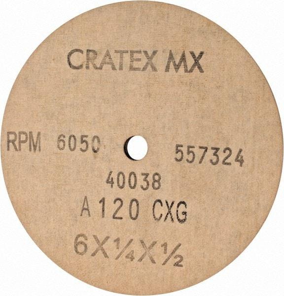 Cratex - 6" Diam x 1/2" Hole x 1/4" Thick, 120 Grit Surface Grinding Wheel - Aluminum Oxide, Type 1, Fine Grade, 6,050 Max RPM, No Recess - Benchmark Tooling
