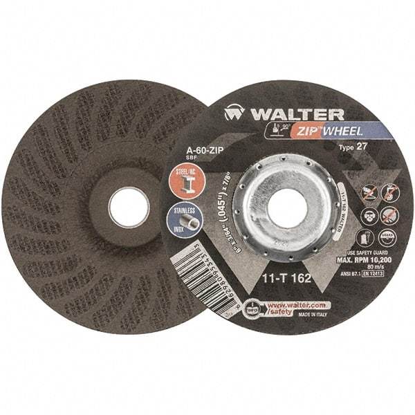 WALTER Surface Technologies - 60 Grit, 6" Wheel Diam, 3/64" Wheel Thickness, 7/8" Arbor Hole, Type 27 Depressed Center Wheel - Aluminum Oxide, Resinoid Bond, 10,200 Max RPM - Benchmark Tooling