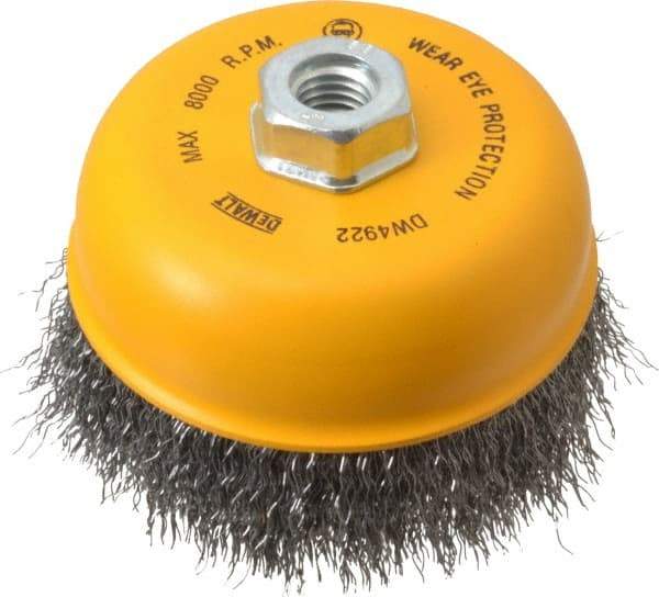 DeWALT - 5" Diam, 5/8-11 Threaded Arbor, Steel Fill Cup Brush - 0.02 Wire Diam, 8,000 Max RPM - Benchmark Tooling