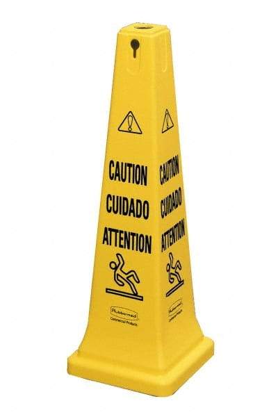 Rubbermaid - Caution, 12-1/4" Wide x 36" High, Plastic Floor Sign - Cone, Black on Yellow, For Accident Prevention - Benchmark Tooling