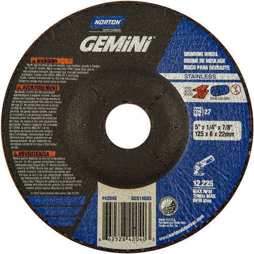 5 × 1/4 × 7/8″ Gemini INOX/SS Grinding Wheel A 24 Q BDA Type 27 - Benchmark Tooling