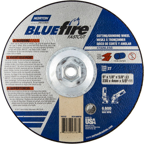9″ × 1/8″ × 5/8″ BlueFire Non-Woven Depressed Center Wheel Type 27 Zirconia Alumina / Aluminum Oxide - Benchmark Tooling