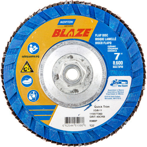 7 × 5/8 - 11″ Blaze Plastic Flat Flap Disc Type 27 40 Grit R980P Premium Ceramic Alumina - Benchmark Tooling