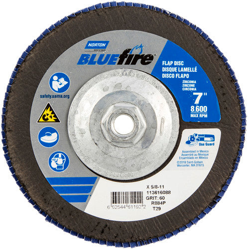 7 × 5/8 - 11″ BlueFire Fiberglass Conical Flap Disc Type 29 P60 Grit R884P Zirconia Alumina - Benchmark Tooling