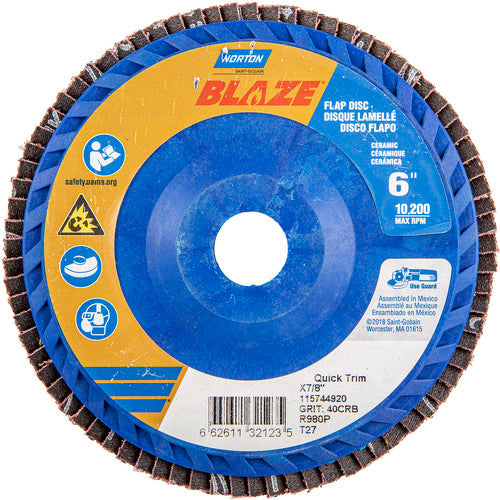 6 × 7/8″ Blaze Plastic Flat Flap Disc Type 27 40 Grit R980P Premium Ceramic Alumina - Benchmark Tooling