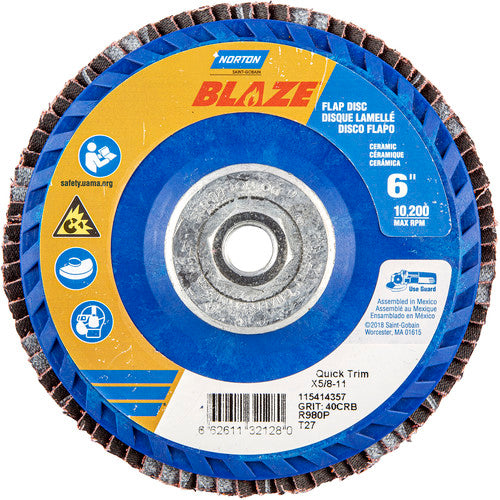 6 × 5/8 - 11″ Blaze Plastic Flat Flap Disc Type 27 40 Grit R980P Premium Ceramic Alumina - Benchmark Tooling