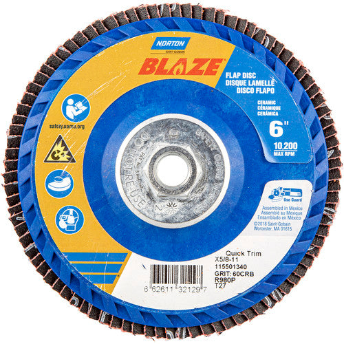 6 × 5/8 - 11″ Blaze Plastic Flat Flap Disc Type 27 60 Grit R980P Premium Ceramic Alumina - Benchmark Tooling