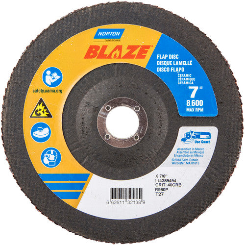 7 × 7/8″ Blaze Fiberglass HD Flat Flap Disc Type 27 40 Grit R980P Premium Ceramic Alumina - Benchmark Tooling