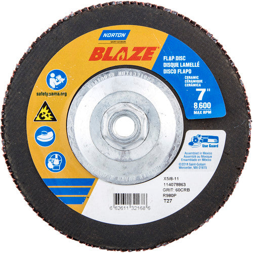 7 × 5/8 - 11″ Blaze Fiberglass HD Flat Flap Disc Type 27 60 Grit R980P Premium Ceramic Alumina - Benchmark Tooling