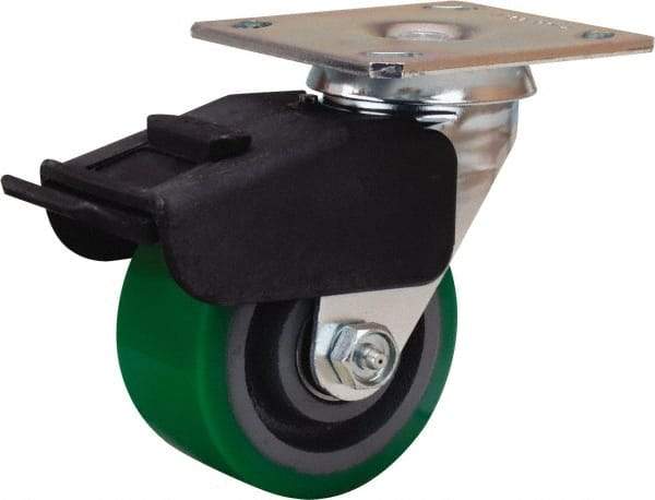 Hamilton - 4" Diam x 2" Wide x 5-5/8" OAH Top Plate Mount Swivel Caster with Brake - Polyurethane Mold onto Cast Iron Center, 750 Lb Capacity, Precision Ball Bearing, 4 x 4-1/2" Plate - Benchmark Tooling