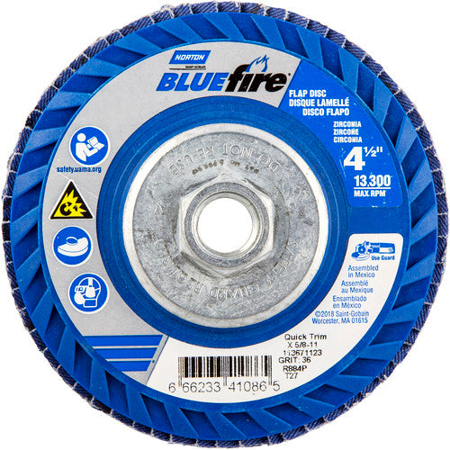 4-1/2 × 5/8 - 11″ BlueFire Plastic Flat Flap Disc Type 27 P36 Grit R884V1 Zirconia Alumina - Benchmark Tooling