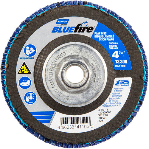 4-1/2 × 5/8 - 11″ BlueFire Fiberglass Conical Flap Disc Type 29 P60 Grit R884V1 Zirconia Alumina - Benchmark Tooling