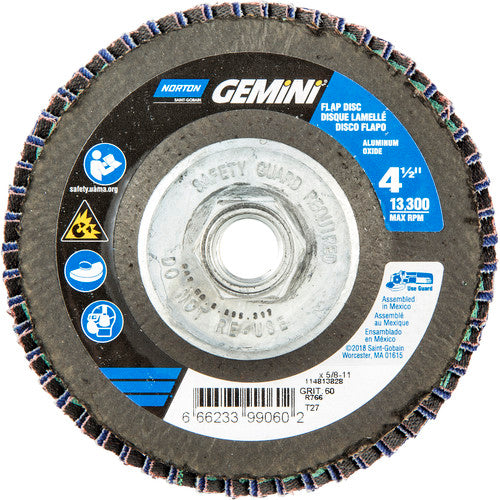 4-1/2 × 5/8 - 11″ Gemini Fiberglass HD Flat Flap Disc Type 27 P60 Grit R766 Zirconia Alumina - Benchmark Tooling