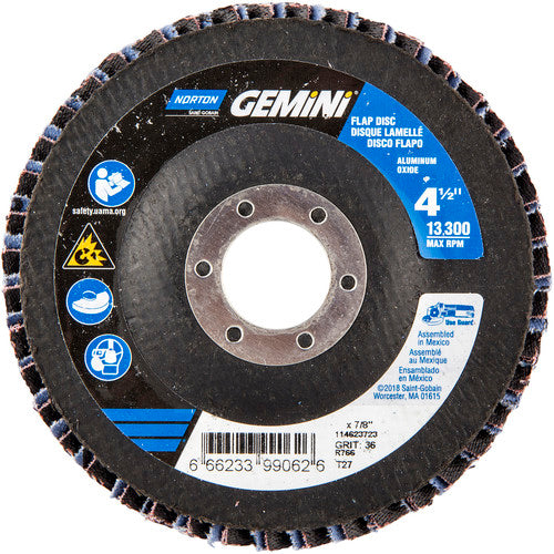 4-1/2 × 7/8″ Gemini Fiberglass HD Flat Flap Disc Type 27 P36 Grit R766 Zirconia Alumina - Benchmark Tooling