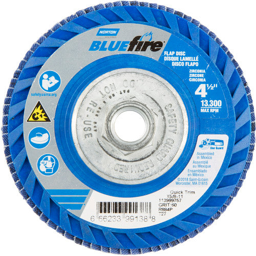 4-1/2 × 5/8 - 11″ BlueFire Plastic Flat Flap Disc Type 27 P60 Grit R884P Ceramic Alumina - Benchmark Tooling