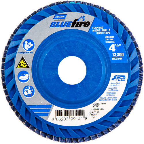 4-1/2 × 7/8″ BlueFire Plastic Flat Flap Disc Type 27 P40 Grit R884P Zirconia Alumina - Benchmark Tooling