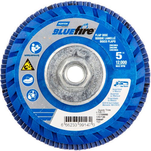 5 × 5/8 - 11″ BlueFire Plastic Flat Flap Disc Type 27 P80 Grit R884P Zirconia Alumina - Benchmark Tooling