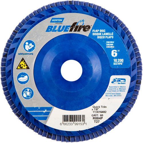 6 × 7/8″ BlueFire Plastic Flat Flap Disc Type 27 P60 Grit R884P Zirconia Alumina - Benchmark Tooling