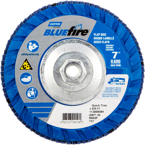 7 × 5/8 - 11″ BlueFire Plastic Flat Flap Disc Type 27 P40 Grit R884P Zirconia Alumina - Benchmark Tooling