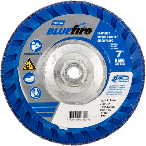 7 × 5/8 - 11″ BlueFire Plastic Flat Flap Disc Type 27 P80 Grit R884P Zirconia Alumina - Benchmark Tooling
