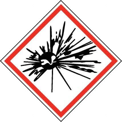 NMC - Hazardous Materials Label, Header: Explosive Warning - Legend: GHS - Graphic, English, Black & Red, 2" Long x 2" High, No Coating - Benchmark Tooling