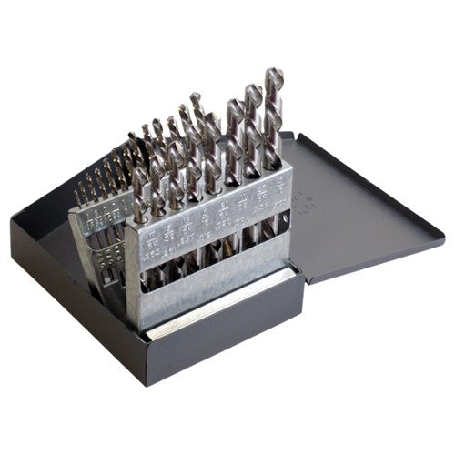 1/16-3/8 LHS / LHC HSS 118 Degree Radial Point Left Hand Helix Jobber Length Drill Set - Bright - Exact Industrial Supply