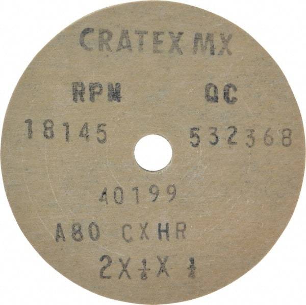 Cratex - 2" Diam x 1/4" Hole x 1/8" Thick, 80 Grit Surface Grinding Wheel - Aluminum Oxide, Type 1, Medium Grade, 18,145 Max RPM, No Recess - Benchmark Tooling