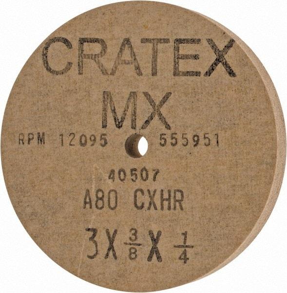 Cratex - 3" Diam x 1/4" Hole x 3/8" Thick, 80 Grit Surface Grinding Wheel - Aluminum Oxide, Type 1, Medium Grade, 12,095 Max RPM, No Recess - Benchmark Tooling