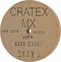 Cratex - 3" Diam x 1/4" Hole x 3/8" Thick, 120 Grit Surface Grinding Wheel - Aluminum Oxide, Type 1, Fine Grade, 12,095 Max RPM, No Recess - Benchmark Tooling