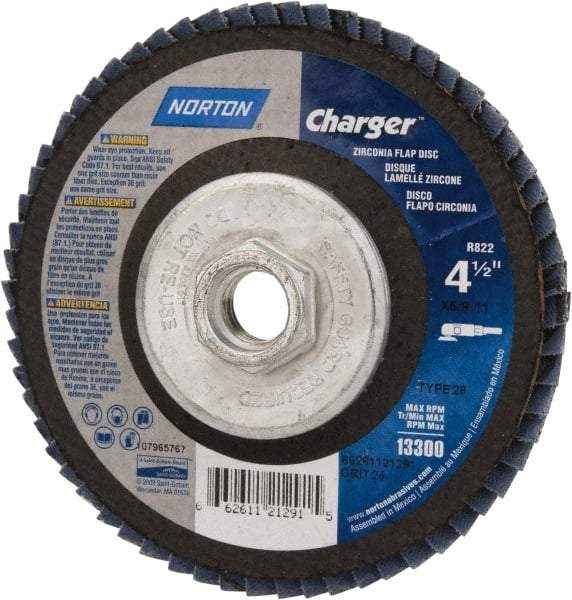 Norton - 24 Grit, 4-1/2" Disc Diam, 5/8-11 Center Hole, Type 29 Zirconia Alumina Flap Disc - 13,000 Max RPM, Fiberglass Backing, Coated - Benchmark Tooling